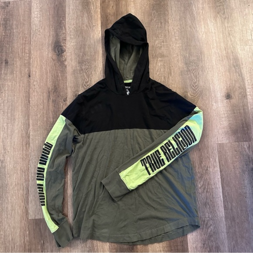 True Religion World‎ Tour Shirt M Black Green Logo Long Sleeve Mens ￼Hoodie ￼
